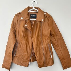Guess Tan Leather Moto Jacket Asymmetrical Zipper